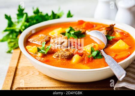 Zuppa con manzo e verdure in un piatto bianco su un asse di legno. Zuppa tradizionale di shurpa di carne con verdure ed erbe aromatiche. Foto Stock