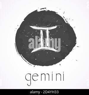 Illustrazione vettoriale con il segno zodiacale disegnato a mano GEMINI su uno sfondo a inchiostro grunge. Monocromatico. Illustrazione Vettoriale