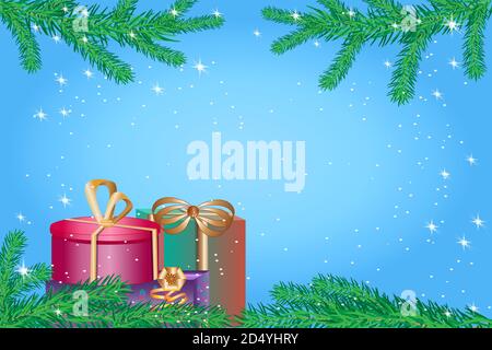 Banner natalizio con spazio per la copia. Sfondo Natale o Capodanno con stelle scintillanti, fiocchi di neve, scatole da regalo e rami di abete. Vettore stock Illustrazione Vettoriale