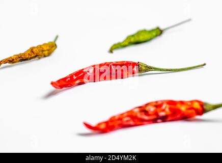 Peperoncino caldo su sfondo bianco. Peperoncino, Macro, fuoco selettivo Foto Stock