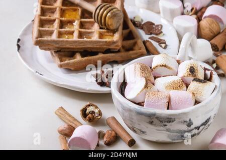 Tazza di ceramica di cioccolata calda con marshmallow s'more con miele artigianale di wafer e ingredienti come sopra in marmo bianco tavola. Inverno bere. Close up Foto Stock