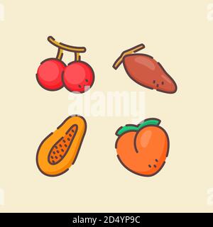 Frutta Icon Set collezione Cherry papaya pesca data bianco isolato sfondo con stile di contorno piatto a colori Illustrazione Vettoriale