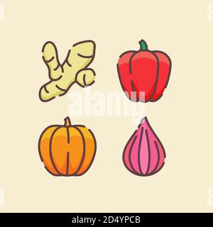 Condimenti Icon Set collezione zenzero paprika zucca cipolla bianca isolata sfondo con stile di contorno piatto a colori Illustrazione Vettoriale