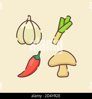 Stagionatura icona Set collezione aglio porro funghi bianco isolato sfondo con stile di contorno piatto a colori Illustrazione Vettoriale