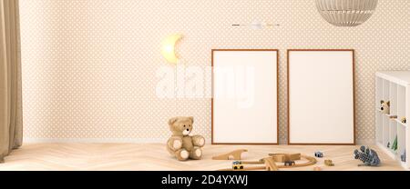 Camera interna per bambini con due cornici vuote (70x100cm). Orsacchiotto, ferrovia giocattolo, mammut, giocattolo per gatti, lampada per luna, tenda e sideboard. Foto Stock