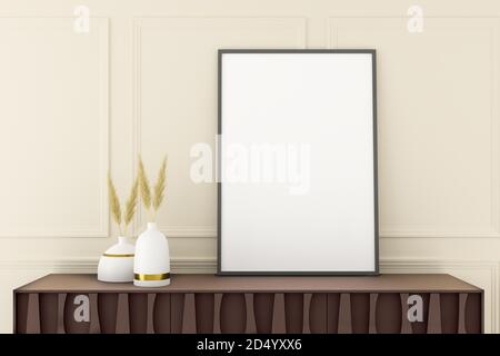 Mockup interno con cornice vuota (70x100cm). Pampas erba in vasi su una sponda. Parete pannellata color crema. rendering 3d Foto Stock