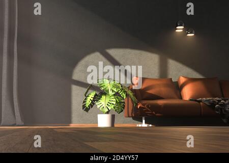 Elegante ambiente interno con pavimento in legno, parete scura, divano in pelle, lampade da soffitto, moquette e mostrea deliziosa pianta. Caduta della luce solare. rendering 3d Foto Stock