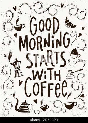 Il poster con scritta sul caffè inizia con il testo del caffè Illustrazione Vettoriale