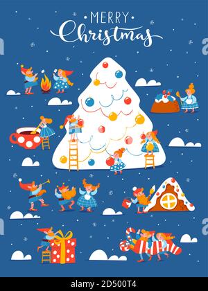 Cartoon higge di Natale con gnomi divertenti e scritte e albero di Natale. Illustrazione Vettoriale