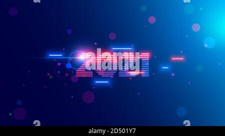 2021 anni. Neon 2021 anni in stile digitale retrò cyber 80th tecnologia. Light and Shine Vector numero di Capodanno nel design dell'industria tecnologica. Elettronico Illustrazione Vettoriale