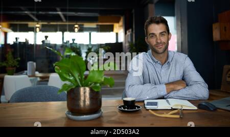 Uomo d'affari sorridente che lavora alla sua scrivania in un ufficio tranquillo Foto Stock