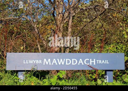 Segno che segna il sentiero Mawddach vicino a Dolgellau, Gwynedd, Galles, Regno Unito Foto Stock