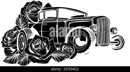 auto d'epoca, garage hot rod, auto hotronds, auto vecchia scuola, silhouette nera Illustrazione Vettoriale