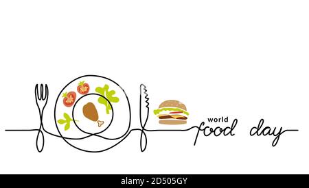 Giornata alimentare del mondo bordo linea semplice, banner web, semplice sfondo vettoriale. Un disegno a linea continua con scritta Food Day Illustrazione Vettoriale