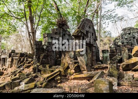 Muschio sul Artefakt archeologia pietra arenaria mattoni laterite blocchi Prasat Krahom paesaggio archeologico di Koh Ker all'Angkor Wat sito in NOR Foto Stock