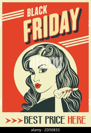 Banner Black Friday con pin-up ragazza. Stile retrò. Vettore Illustrazione Vettoriale