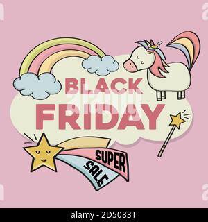 Banner Black friday con elementi magici per i bambini negozio. Vettore Illustrazione Vettoriale