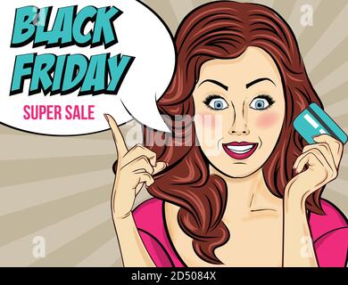 Banner Black Friday con pin-up ragazza. Stile retrò. Vettore Illustrazione Vettoriale