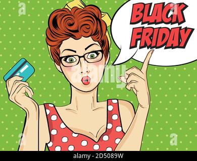 Banner Black Friday con pin-up ragazza. Stile retrò. Vettore Illustrazione Vettoriale