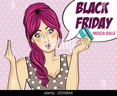 Banner Black Friday con pin-up ragazza. Stile retrò. Vettore Illustrazione Vettoriale