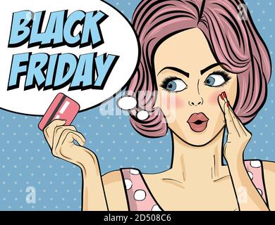 Banner Black Friday con pin-up ragazza. Stile retrò. Vettore Illustrazione Vettoriale