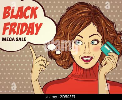 Banner Black Friday con pin-up ragazza. Stile retrò. Vettore Illustrazione Vettoriale