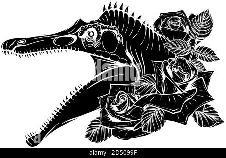 Dinosauro Spinosaurus testa nera silhouette art disegno vettoriale illustrazione Illustrazione Vettoriale