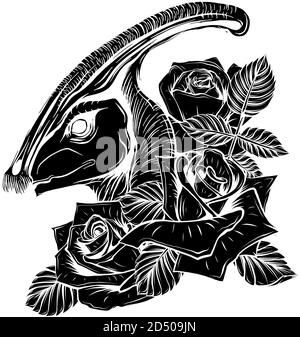 parasaurolophus testa nera silhouette art disegno vettoriale illustrazione Illustrazione Vettoriale