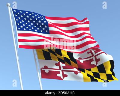 Due bandiere di stato sventolanti degli Stati Uniti e del Maryland dichiarano sul cielo blu. Background aziendale di alta qualità. illustrazione 3d Foto Stock
