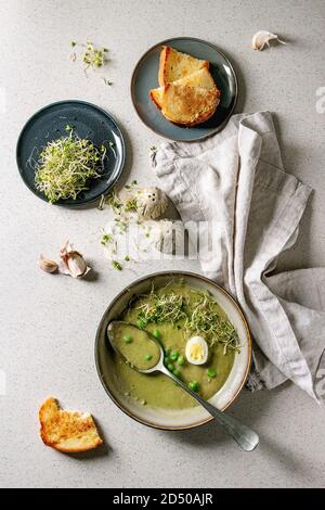 Iniziato mangiato verde zuppa di verdure asparagi, broccoli o pisello, decorata da pisello verde, germogli di soia e uova di quaglia in ciotole di ceramica con pane, sale e pe Foto Stock