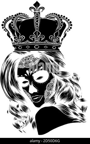 Silhouette nera Regina della morte. Ritratto di un cranio con una corona e capelli lunghi. Vettore Illustrazione Vettoriale