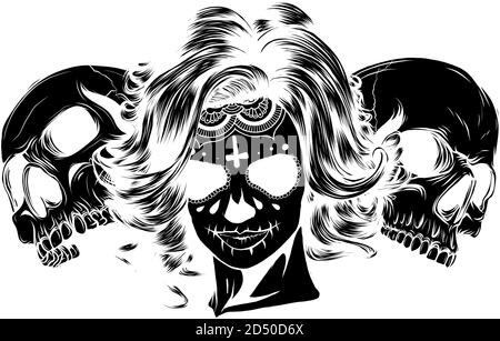 Silhouette nera ragazza morta con due teschi di zucchero. Vettore Illustrazione Vettoriale