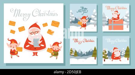 Set di illustrazioni della piazza di Natale con Santa e elfi. Paesaggio invernale Illustrazione Vettoriale