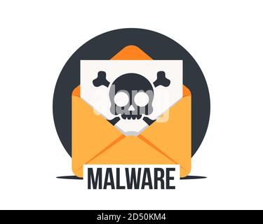 E-mail con malware, icona vettoriale. Virus, malware, frodi via e-mail, spam via e-mail, phishing scam, concetto di attacco hacker. Busta posta aperta con fi infetto Illustrazione Vettoriale