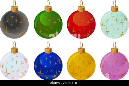 Set di palle di Natale e Capodanno decorate con oro stelle su sfondo trasparente Illustrazione Vettoriale