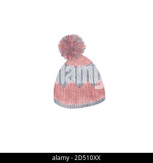 Cappello caldo in maglia di colore rosa morbido per l'illustrazione dell'acquerello disegnata a mano invernale sullo sfondo bianco, copricapo alla moda femminile, accessorio invernale per le feste di Natale Foto Stock