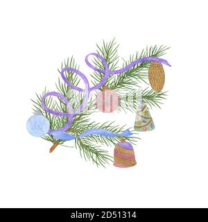 Abete albero ramo decorato per Natale isolato acquerello illustrazione semplice mano disegnato modello di umore festivo per biglietto di auguri, banner, celebrazione di vacanze invernali design Foto Stock