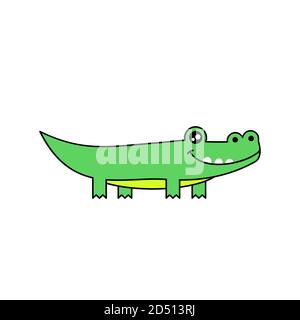 Simpatico disegno a coccodrillo. Divertente personaggio cartoon con contorno nero. Grande coccodrillo verde sorridente. Isolato su sfondo bianco. Disegno vettoriale semplice. Illustrazione Vettoriale