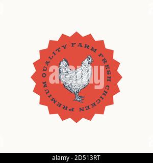 Farm Fresh pollame Abstract Vector Sign, Sticker o Logo Template. Etichetta di sillhouette di pollo disegnata a mano con tipografia. Illustrazione Vettoriale