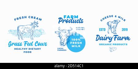 Set di modelli con logo Cow Farm Dairy. Segni o simboli astratti della crema vettoriale e del latte. Animali domestici disegnati a mano, paesaggio di campagna e formaggio con Illustrazione Vettoriale