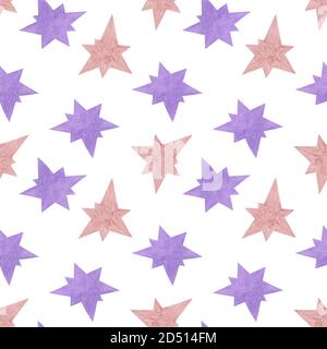Le stelle di Natale dai colori pastello ripetono il motivo sullo sfondo bianco, simbolo delle feste e delle celebrazioni familiari, semplice ornamento senza giunture, elementi colorati in stile boho di diversi colori e dimensioni Foto Stock