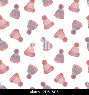 Copricapo a maglia calda di colore rosa tenue modello ripetuto illustrazione disegnata a mano del acquerello, copricapo alla moda femminile, accessorio invernale per il disegno di festa di Natale, ornamento semplice e caldo Foto Stock