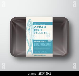 Etichetta di progettazione del packaging vettoriale astratto dei filetti di pesce originali su vassoio di plastica con coperchio in cellofano. Tipografia moderna e Cavallo disegnato a mano Illustrazione Vettoriale