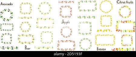 Set di cornici vettoriali decorative e bordi isolati su sfondo bianco. Avocado, pera, mela, banana, agrumi. Spazzola infinita, floreale Illustrazione Vettoriale
