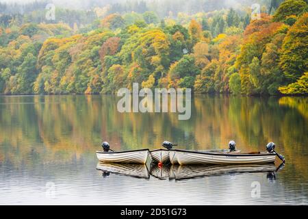 Pitlochry, Scozia, Regno Unito. 12 ottobre 2020. Colori autunnali su alberi e barche a remi sul Loch Faskally a Pitlochry. Iain Masterton/Alamy Live News Foto Stock