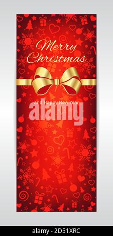 Buon Natale e Capodanno verticale vettore oro rosso brillante sfondo modello banner con nastro dorato Illustrazione Vettoriale