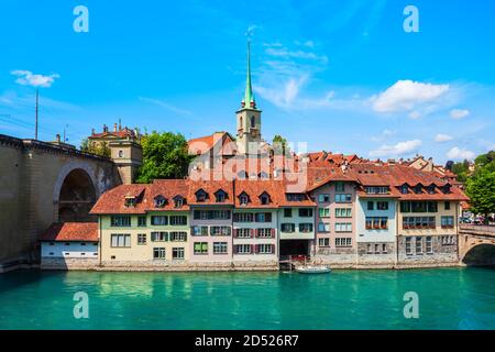 Nydeggkirche riformata chiesa e del fiume Aare antenna vista panoramica nella città vecchia di Berna in Svizzera Foto Stock