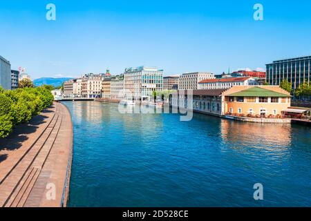 Città di Ginevra antenna centrale vista panoramica. Ginevra o Geneve è la seconda città più popolosa della Svizzera, situato sul Lago di Ginevra. Foto Stock