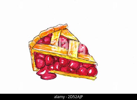 Pezzo di torta di ciliegia acquerello dipinge illustrazione. Disegno a mano libera. Deliziosi pasticcini appetitosi. Torta di frutti di bosco su uno sfondo bianco isolato Foto Stock
