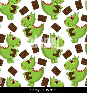 Modello vettoriale senza cuciture con dinosauro e cioccolato Illustrazione Vettoriale